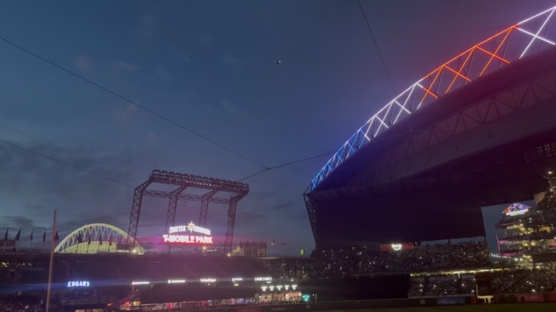 T-Mobile Park and Seattle stadium lights at night
